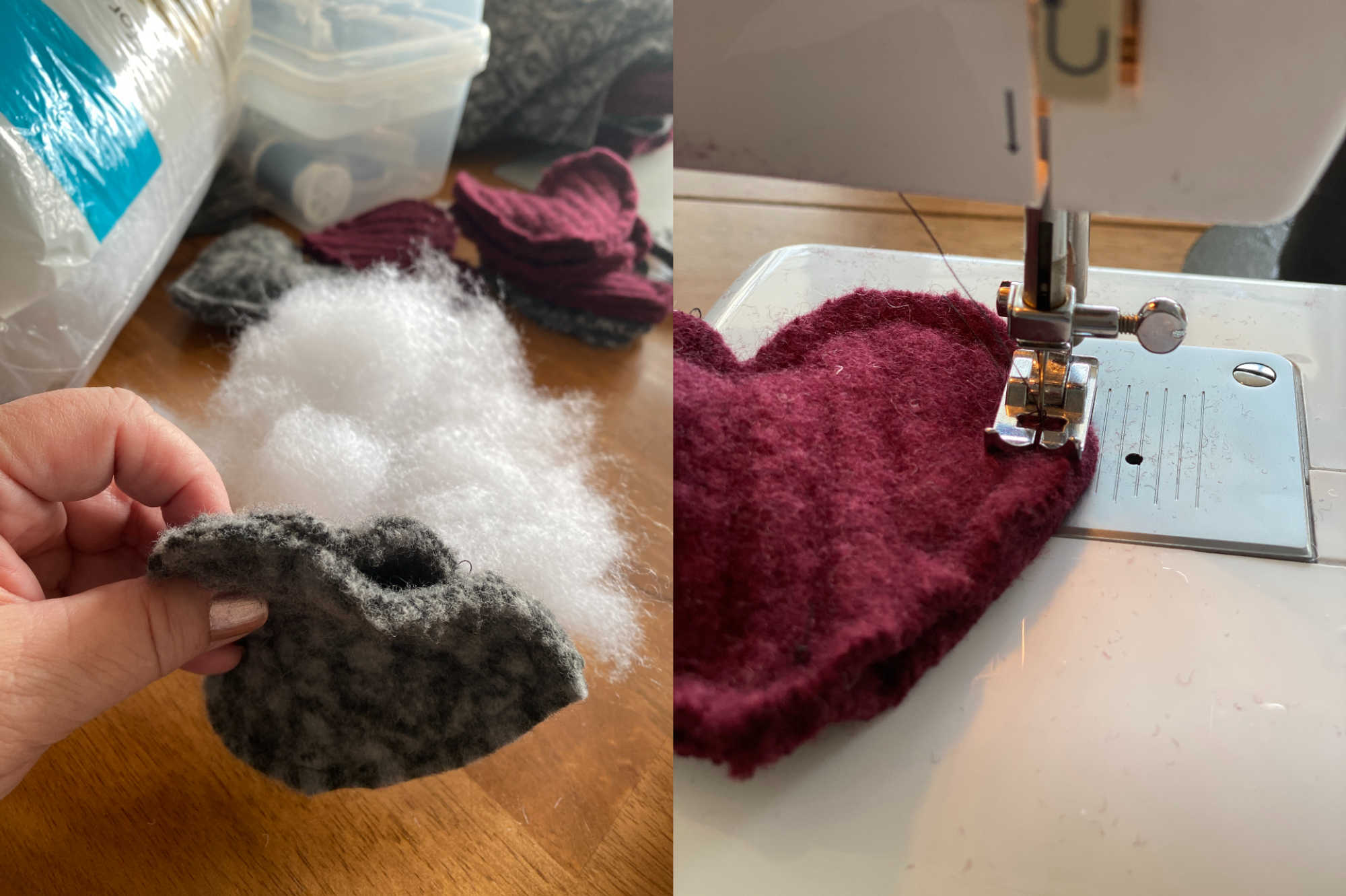 On the left, a grey felted heart is stuffed with cotton through an opening. On the right, that opening is sewed shut with a sewing machine.